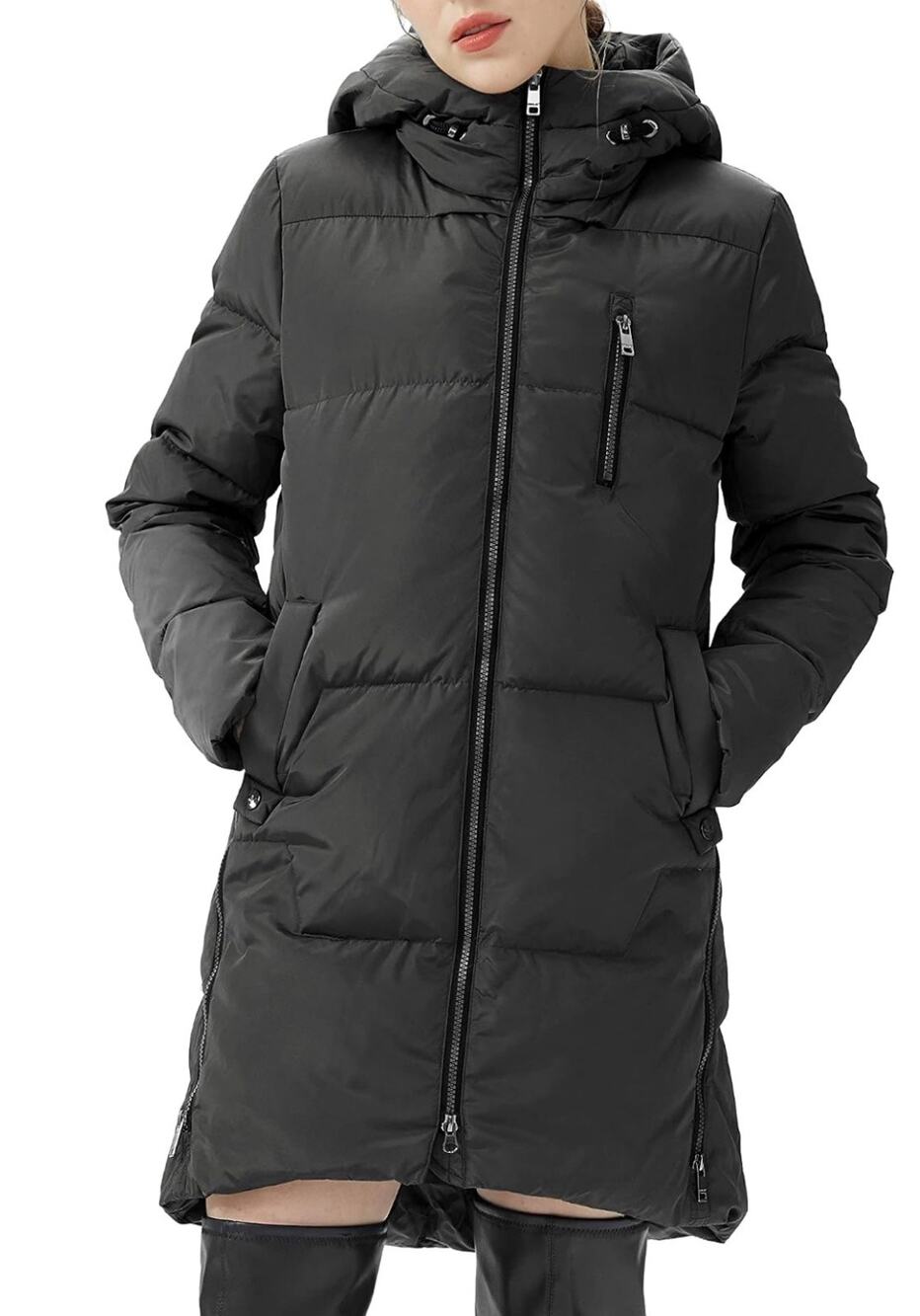 OROLAY Sz Med Long Warm Down Puffer Jacket Hooded Parka Coat Black